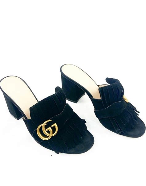 gucci suede mid-heel slide with double g